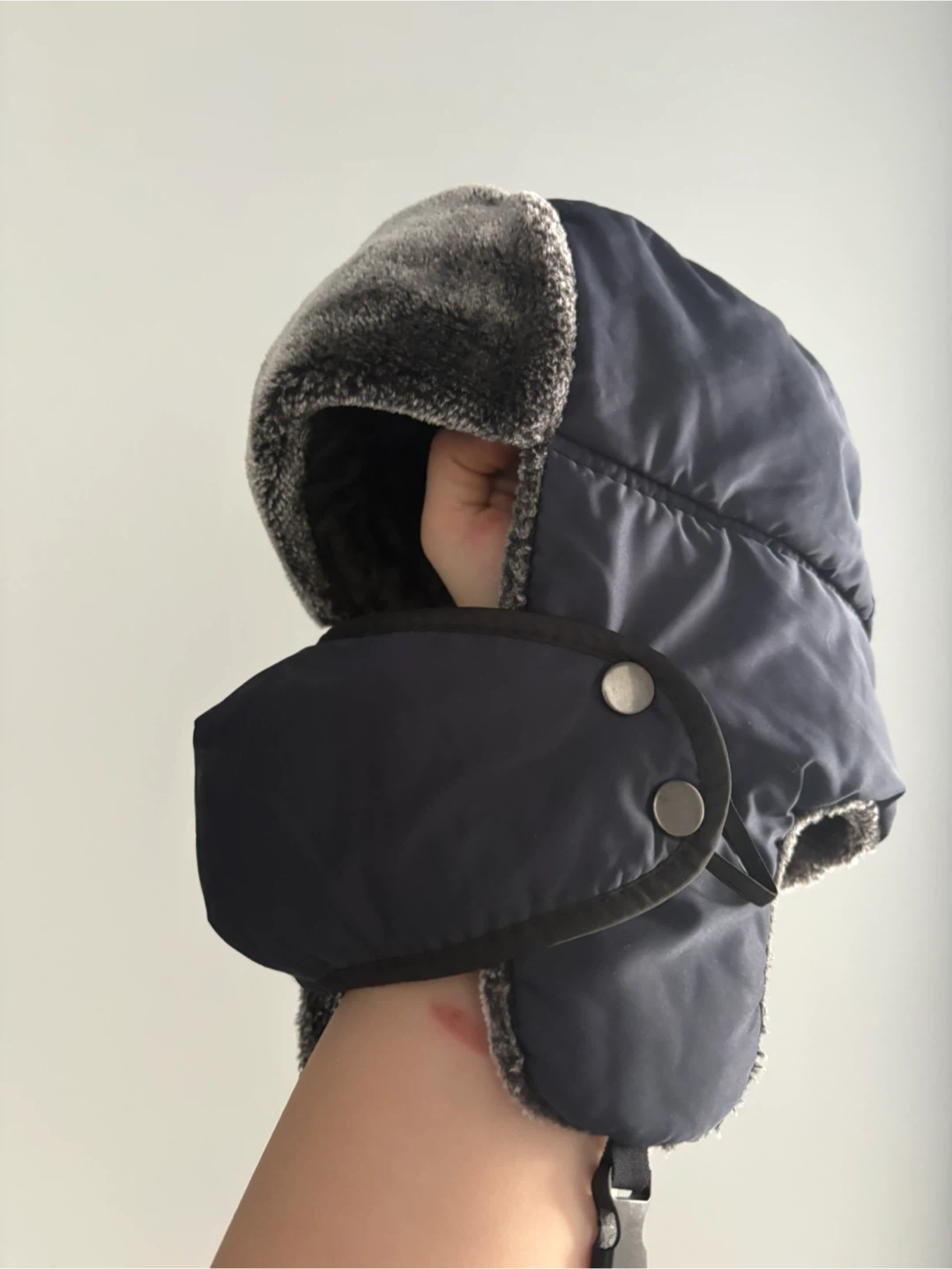 Blue Winter Trapper Hat with Faux Fur Trim