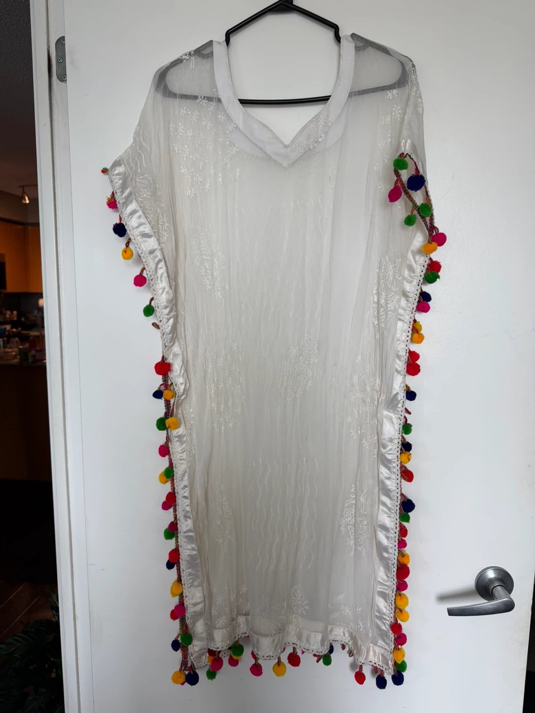 🥕 White Sheer Kaftan with Pom Pom Trim