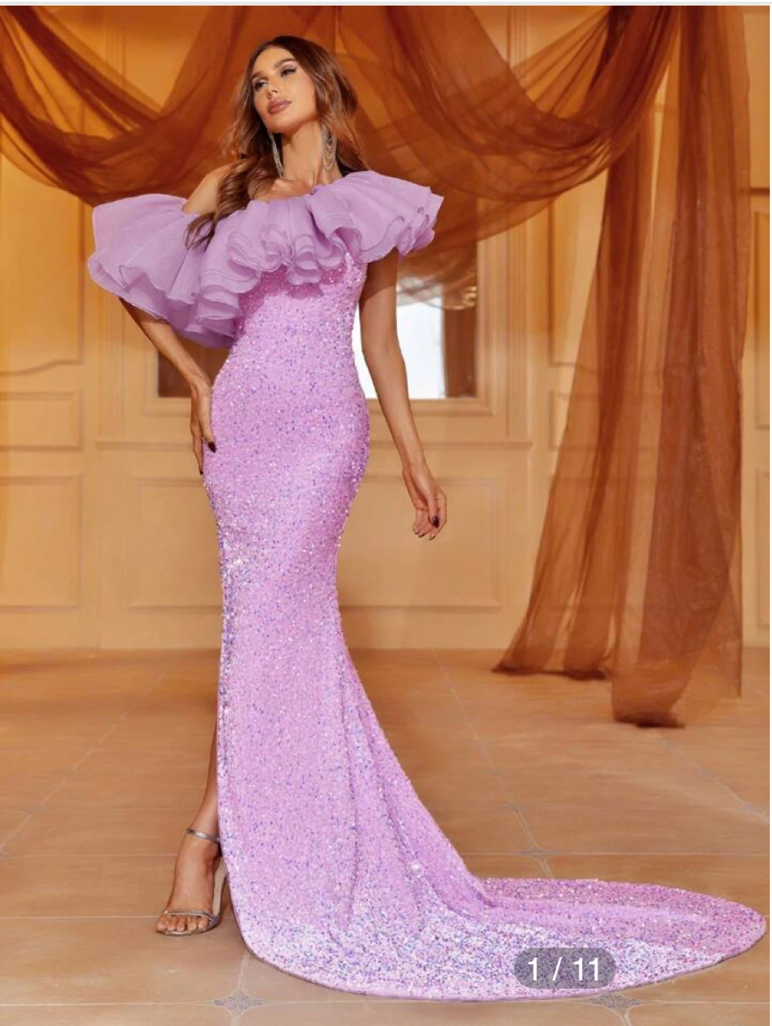 Sparkly Lavender Mermaid Gown with Ruffle Neckline
