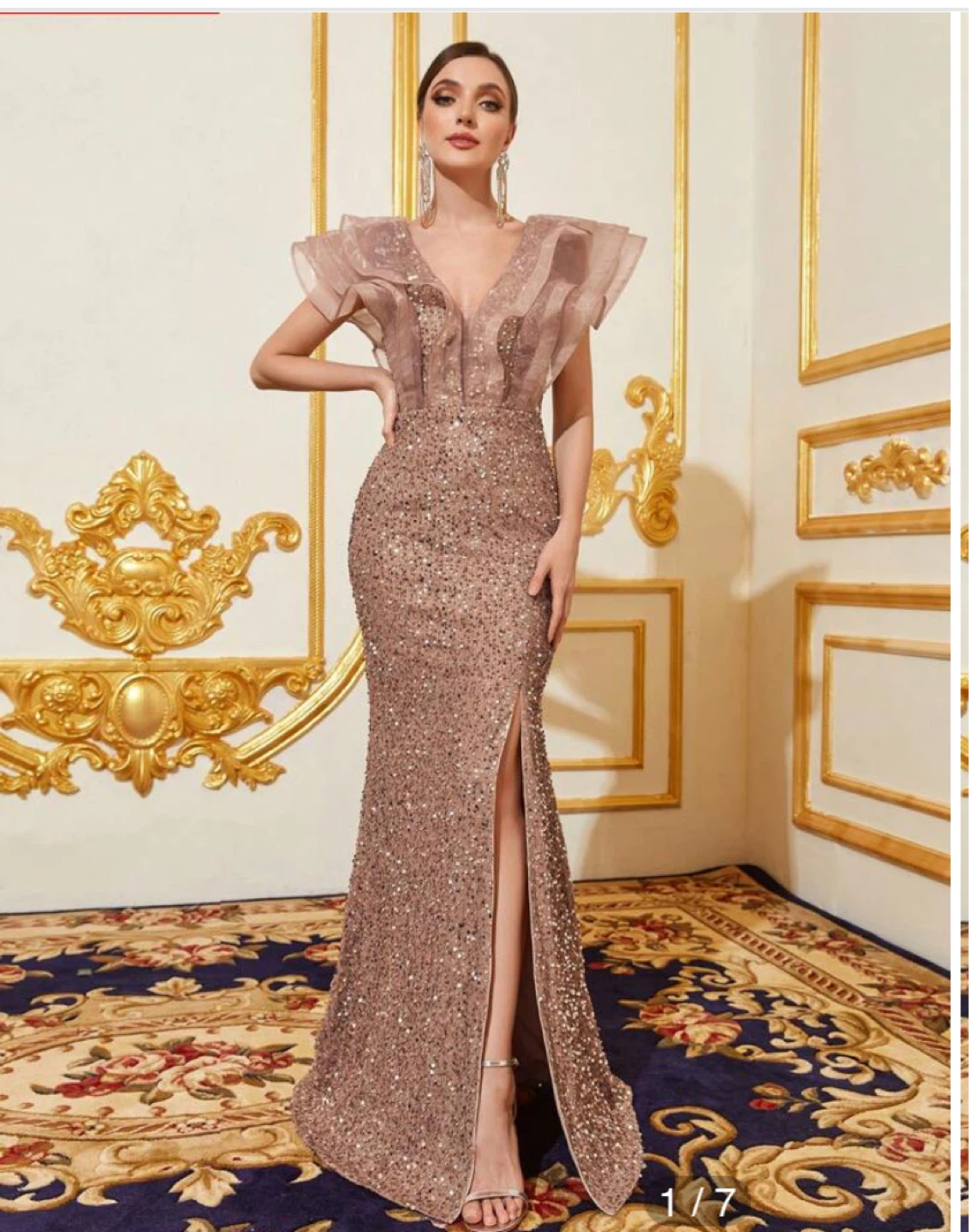 Sequin Embellished V-Neck Gown with Ruffled Sleeves