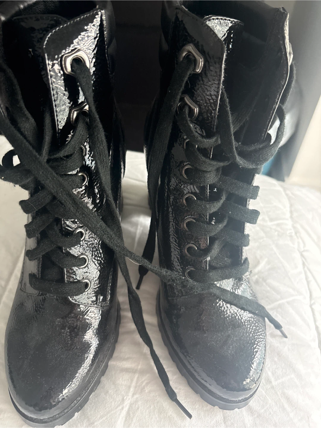 Black Patent Lace-Up Block Heel Boots from Le Chateau