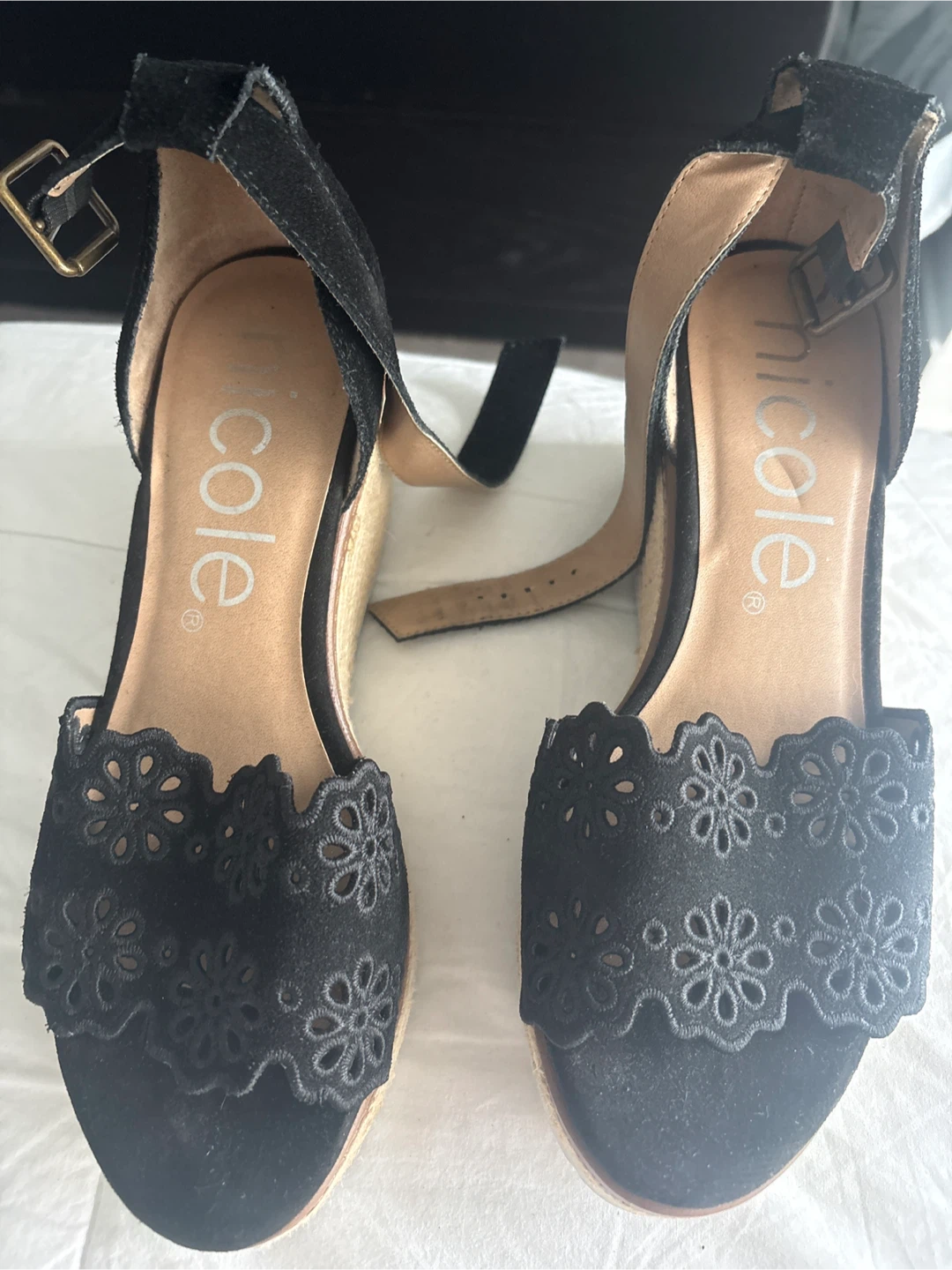 Nicole Black Suede Wedge Sandals