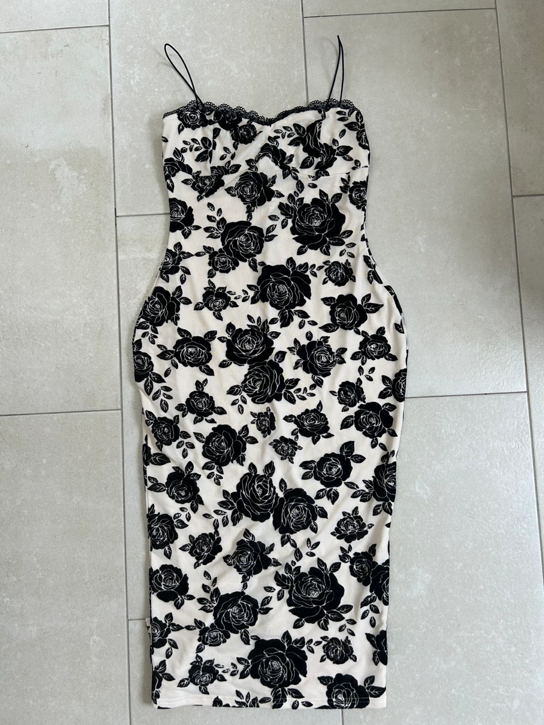Cream & Black Rose Print Dress with Lace Trim