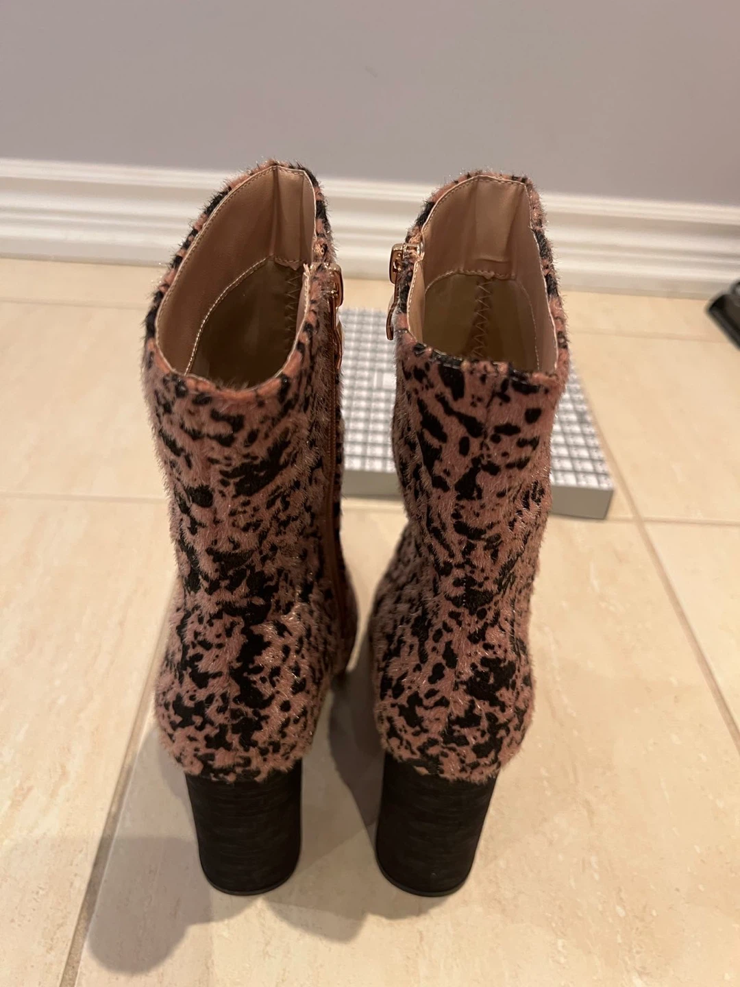 Pink and Black Leopard Print Furry Ankle Boots with Block Heel - photo 5