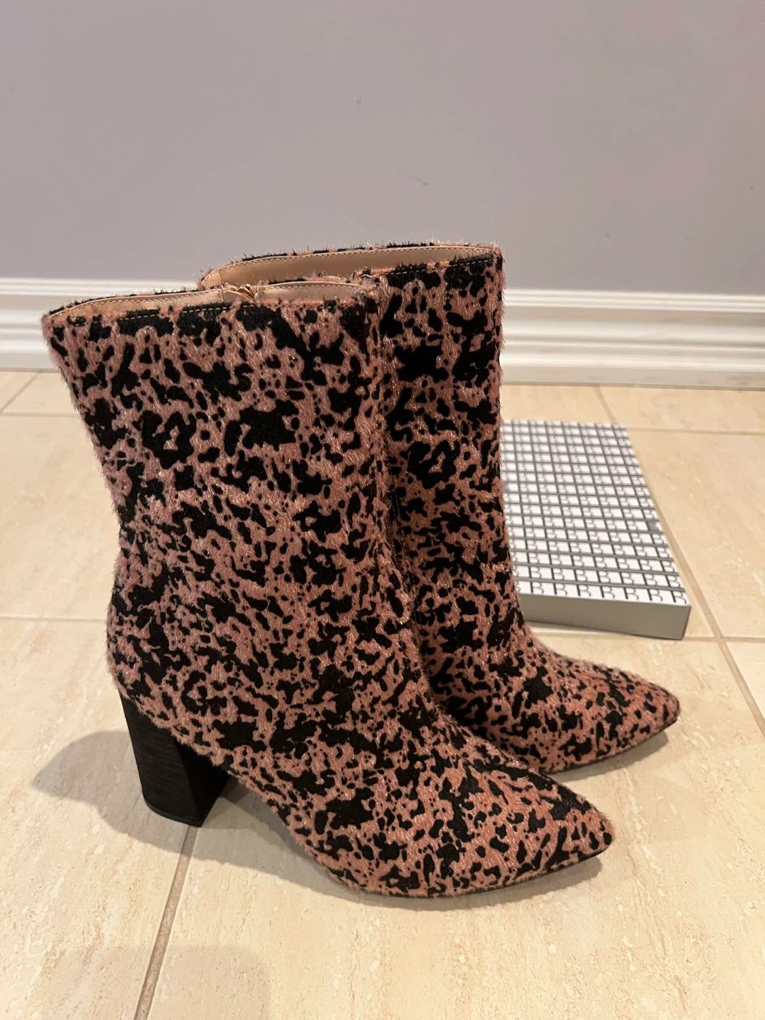 Pink and Black Leopard Print Furry Ankle Boots with Block Heel - photo 2