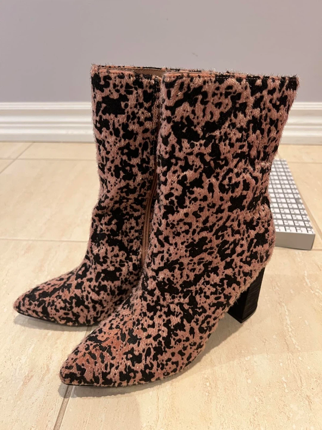 Pink and Black Leopard Print Furry Ankle Boots with Block Heel - photo 4