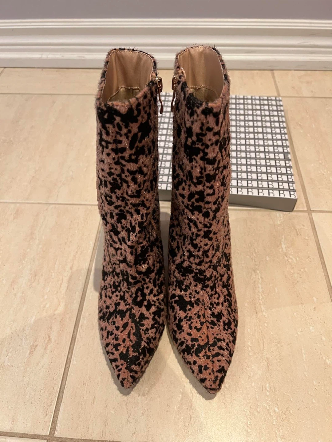Pink and Black Leopard Print Furry Ankle Boots with Block Heel