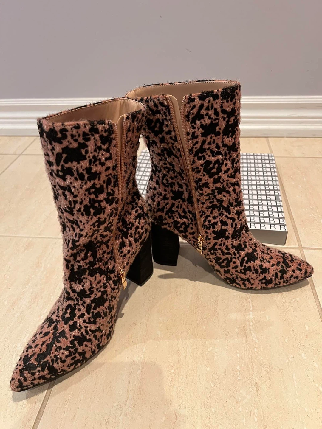 Pink and Black Leopard Print Furry Ankle Boots with Block Heel - photo 3