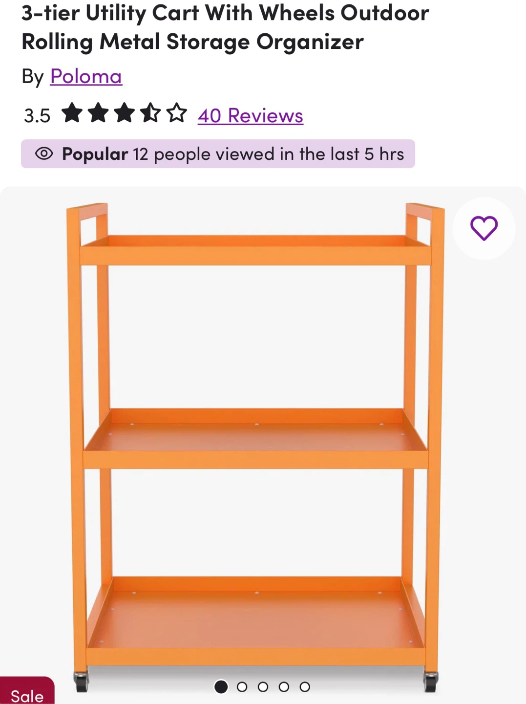 Novogratz 3-Tier Metal Rolling Utility Cart - Orange