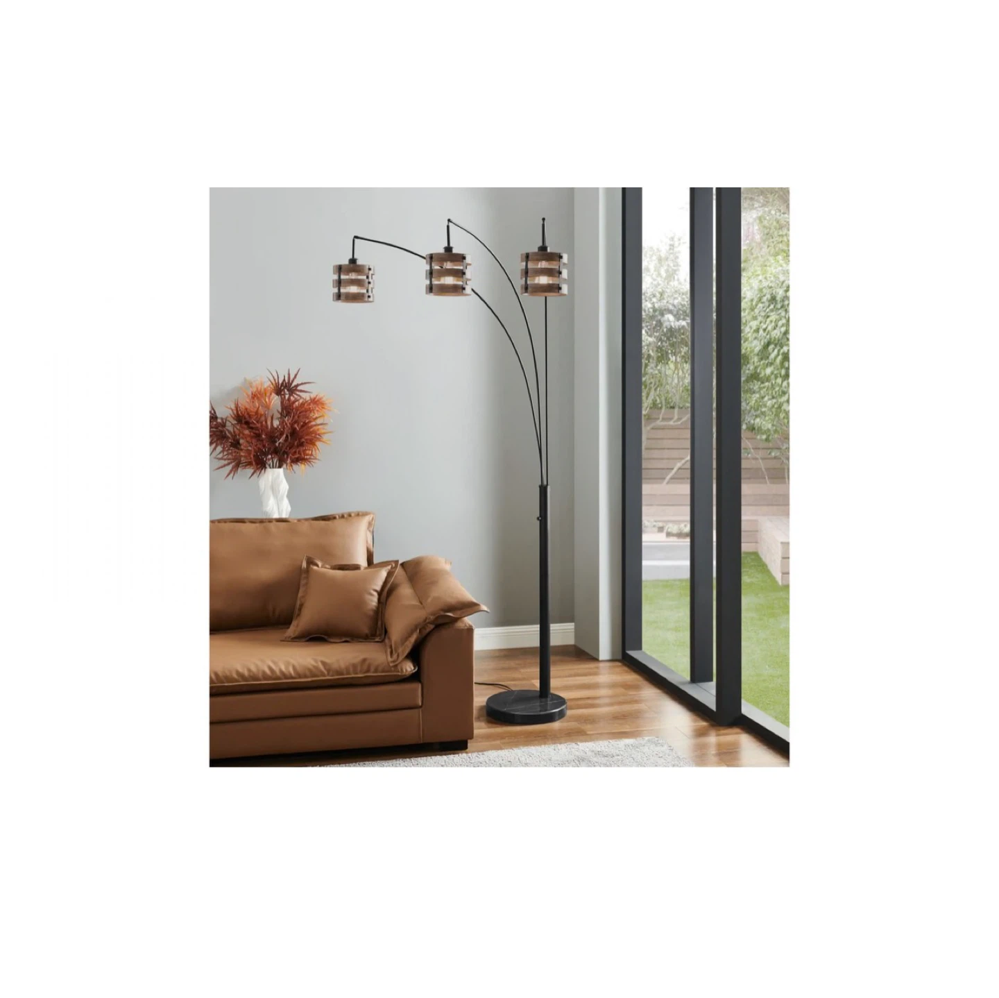 3-Light Arc Floor Lamp with Wood-Tone Accents - photo 4