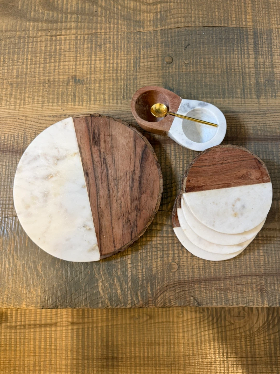 Wood and Marble Coasters Set with Spoon Holder