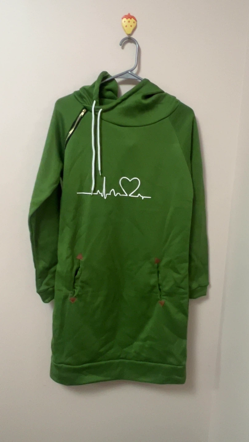 Green Pullover Hoodie Dress with Heartbeat Design - Size XL