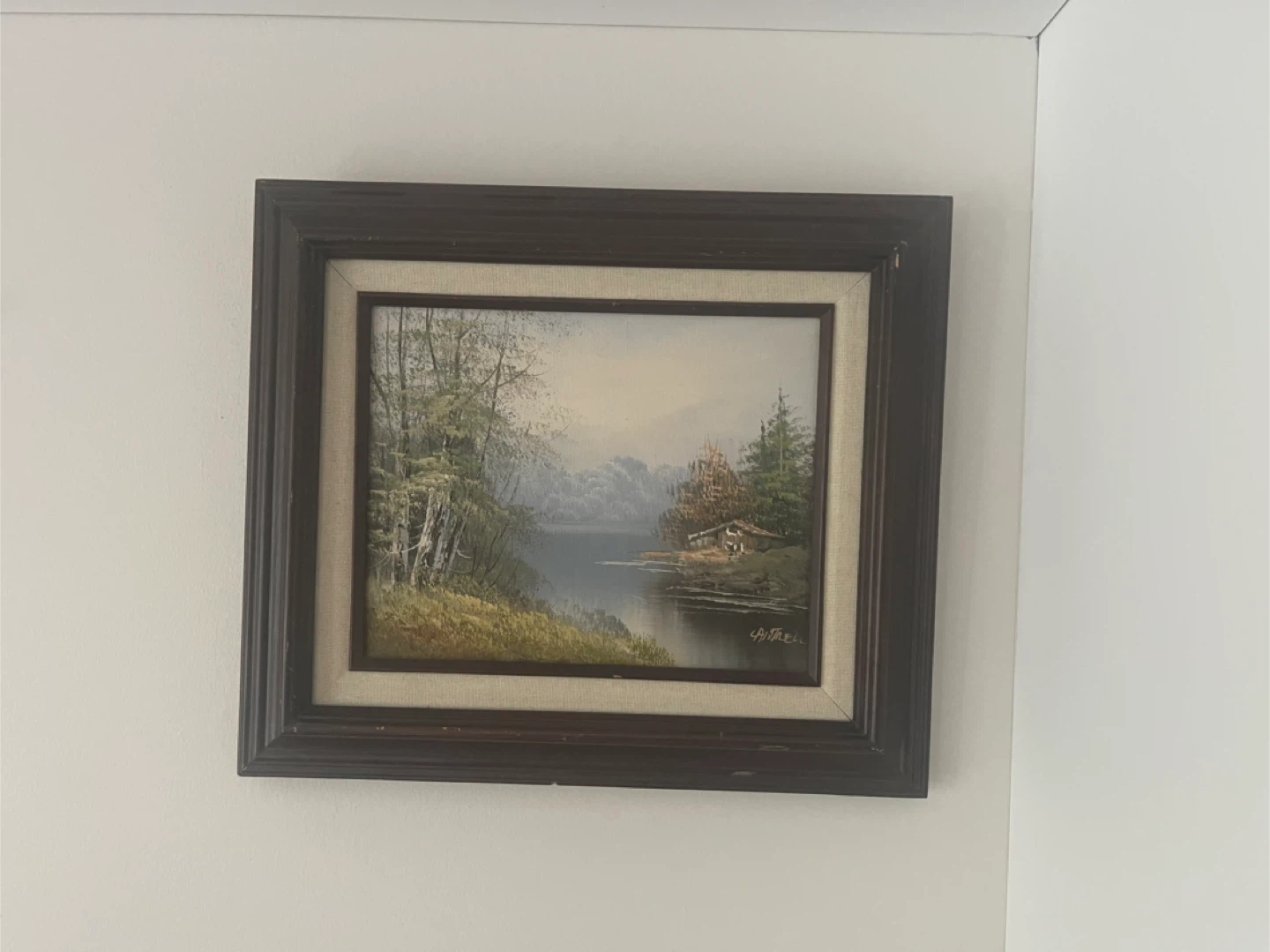 Framed Oil Painting Landscape "Lakeside Cabin" - Signed - photo 5