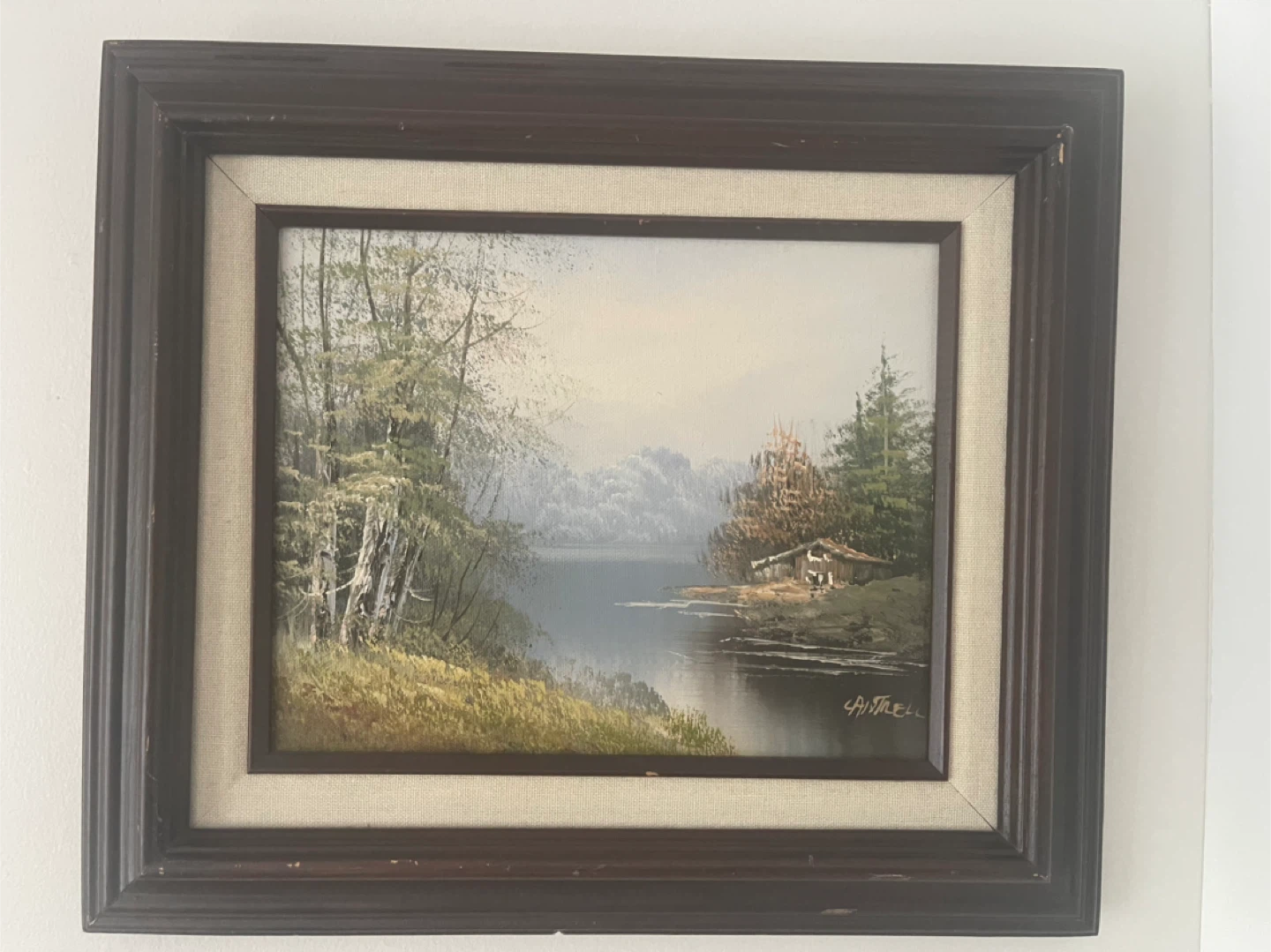 Framed Oil Painting Landscape "Lakeside Cabin" - Signed - photo 3