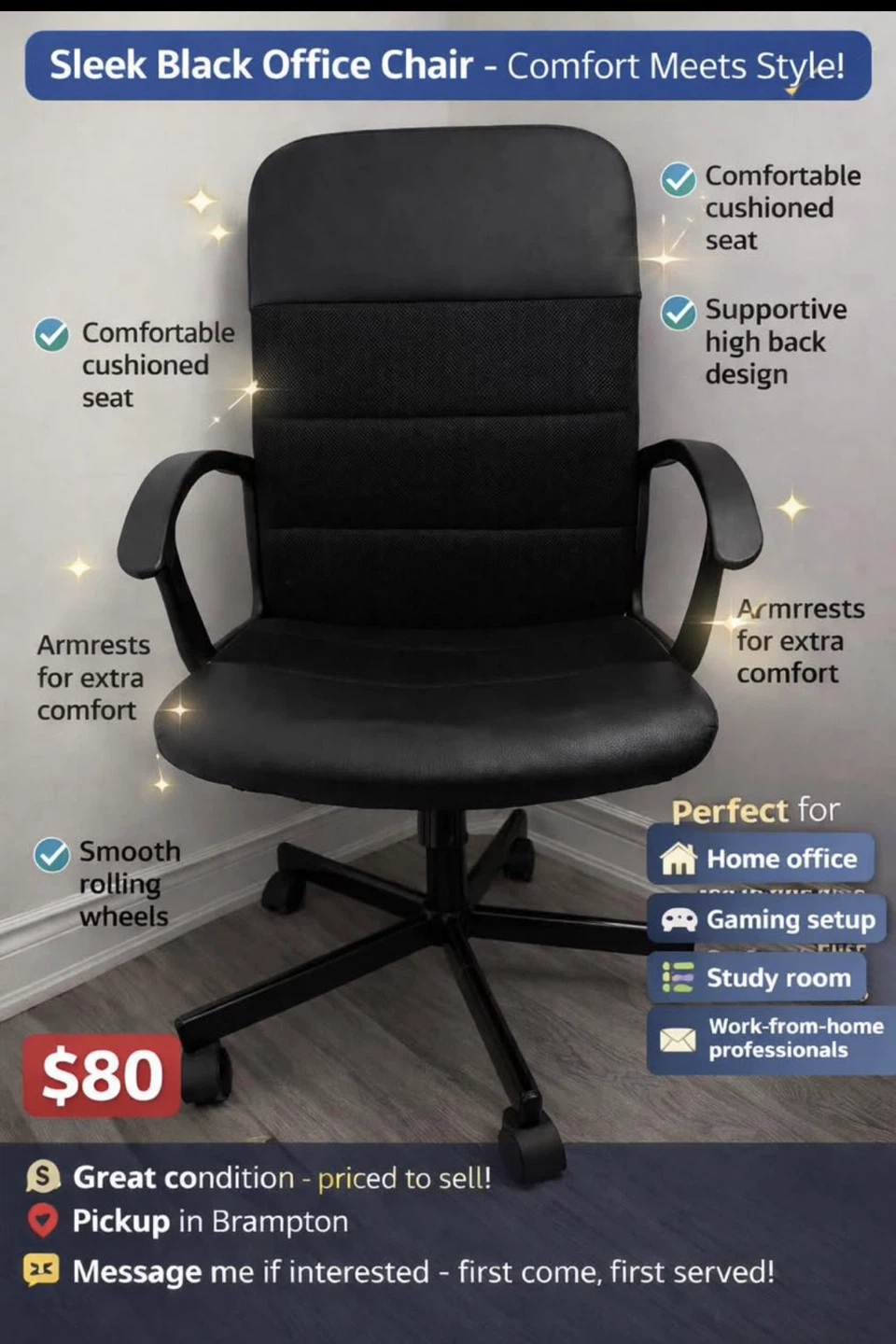 Black Office Chair with Comfortable Seat and Armrests