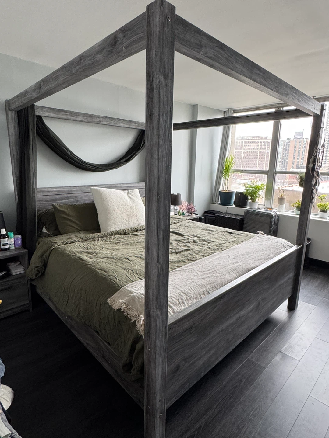 Gray Wood Canopy Bed Frame (King Sized)