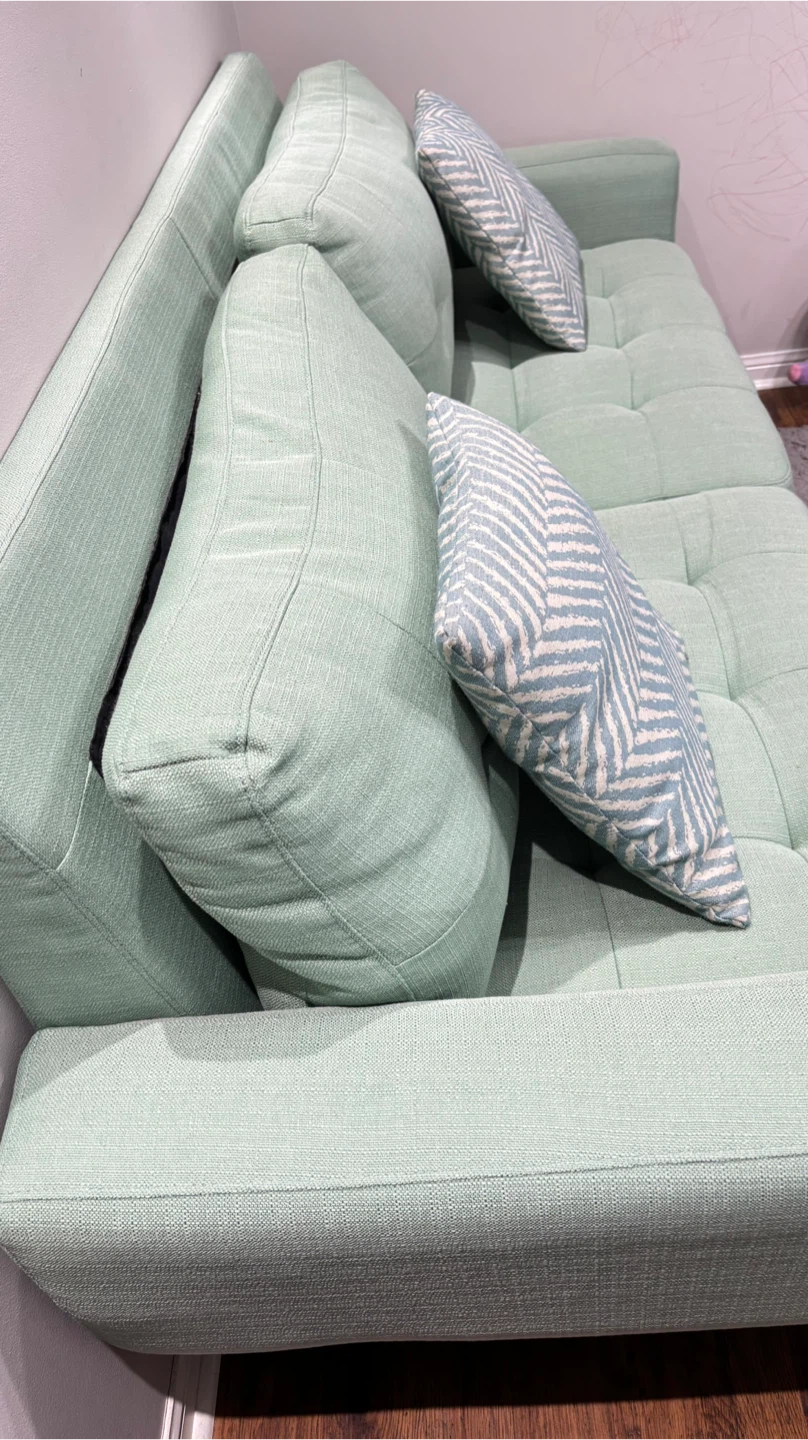 Mint Green Tufted Sofa with Accent Pillows