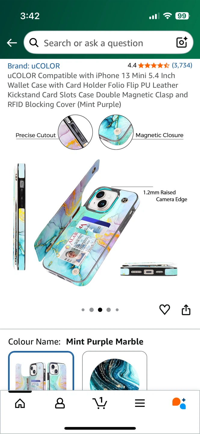 uCOLOR Wallet Case for  13 Mini card Holder - Mint Purple Marble - photo 2