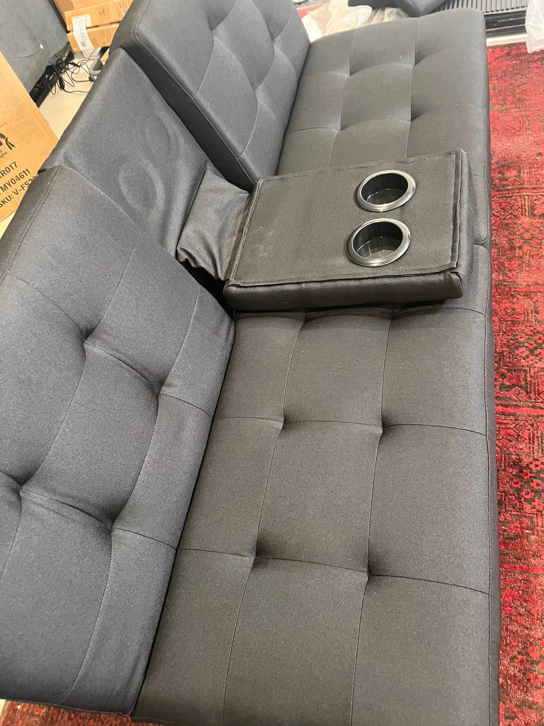 Black Futon Sofa with Cup Holders