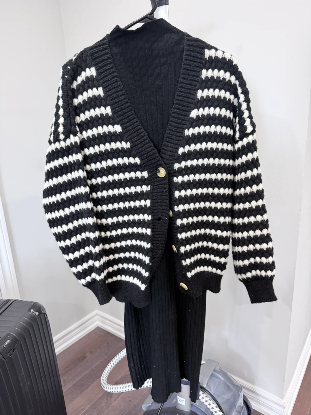 Black and White Striped Knit Cardigan