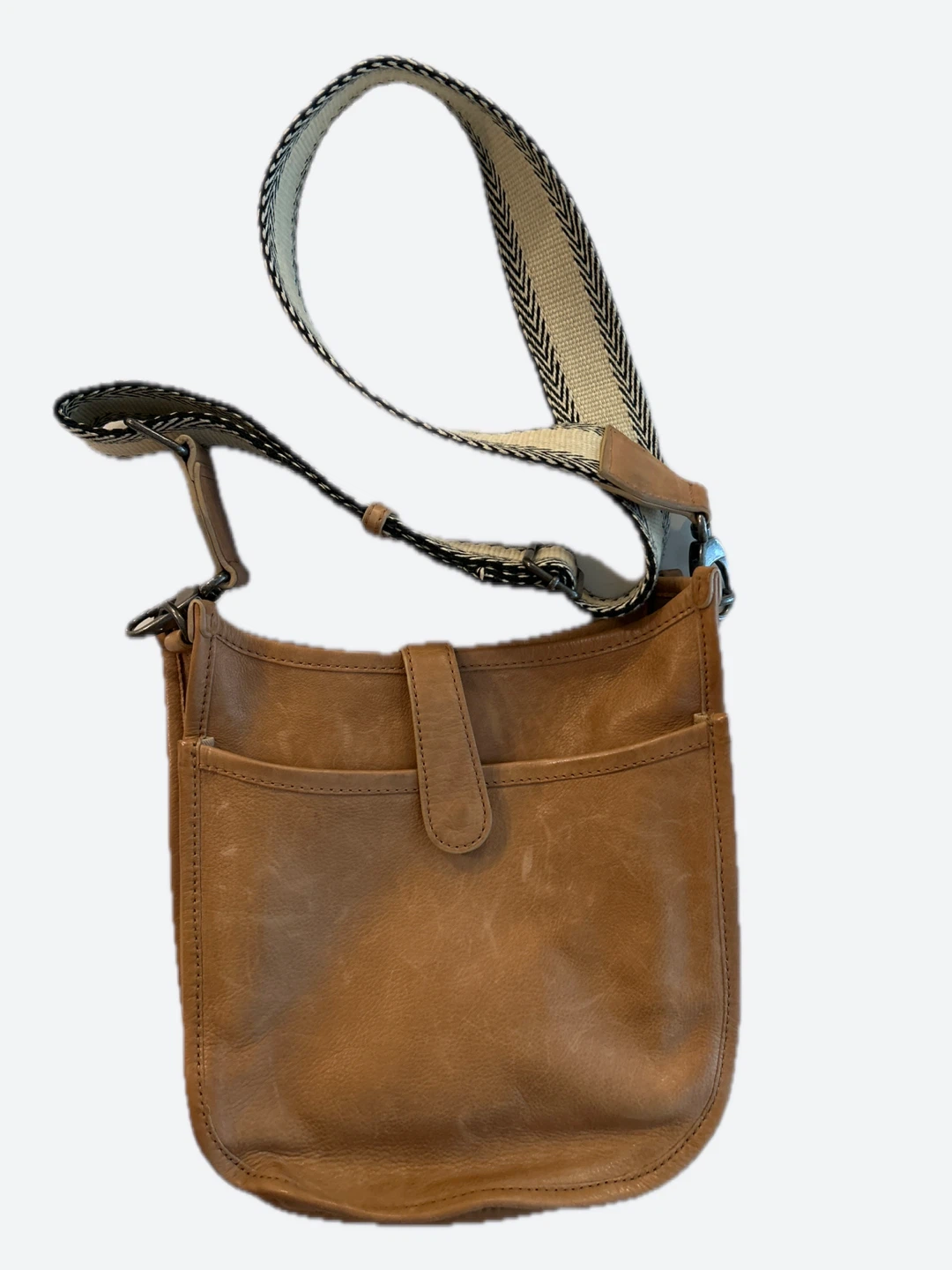 Brown Leather Crossbody Bag with Striped Strap