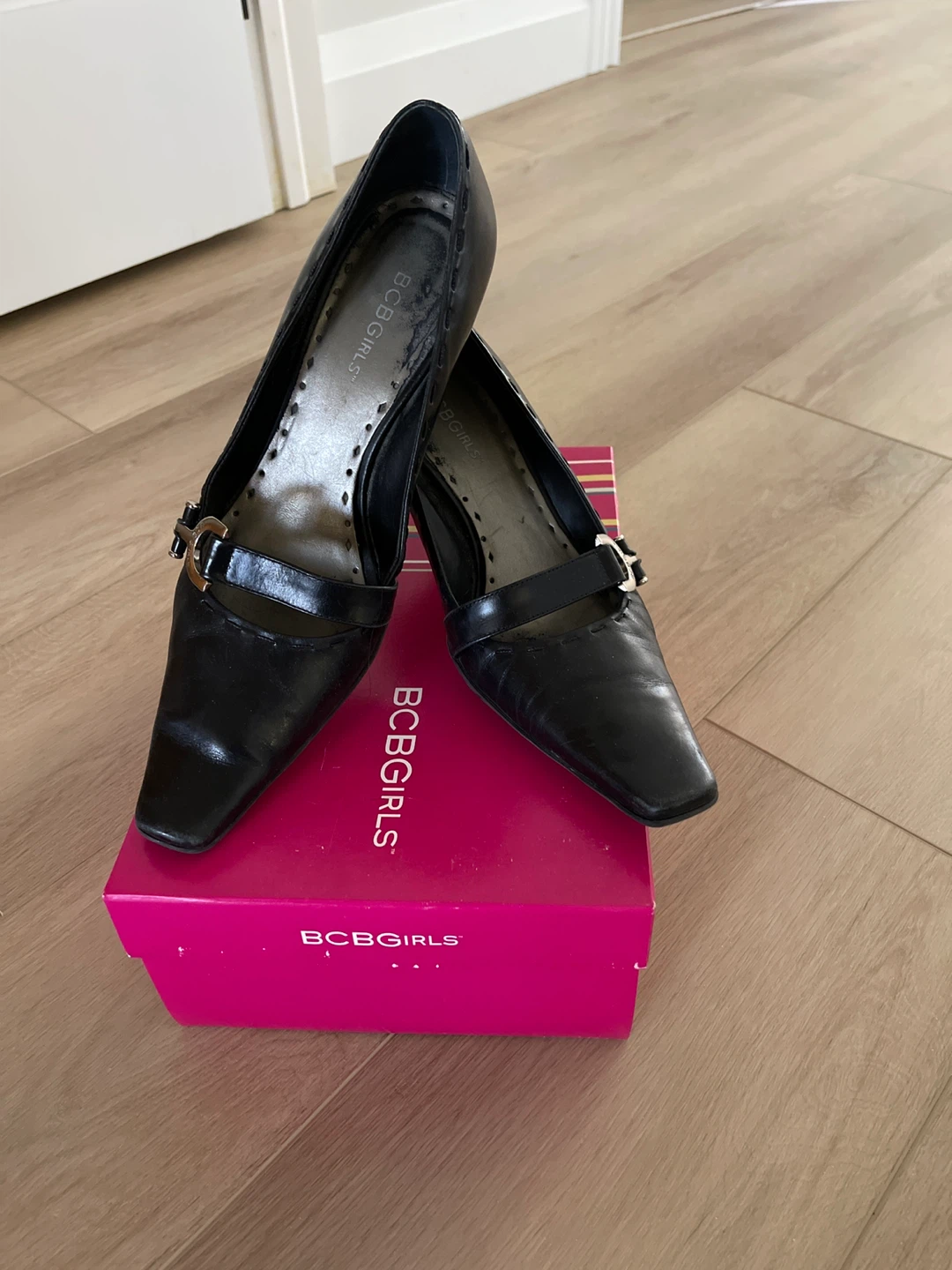 BCBGirls Black Leather Heels with Buckle - Size 8.5