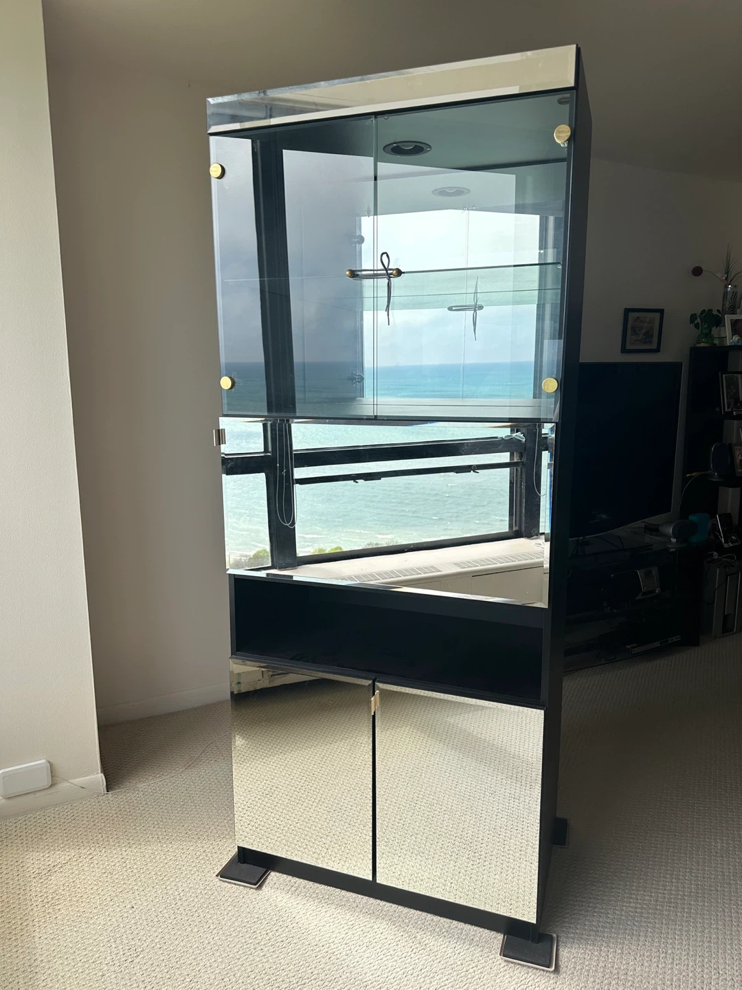 LIGHTED MIRROR WALL UNIT/DISPLAY/BAR CABINET WITH STORAGE