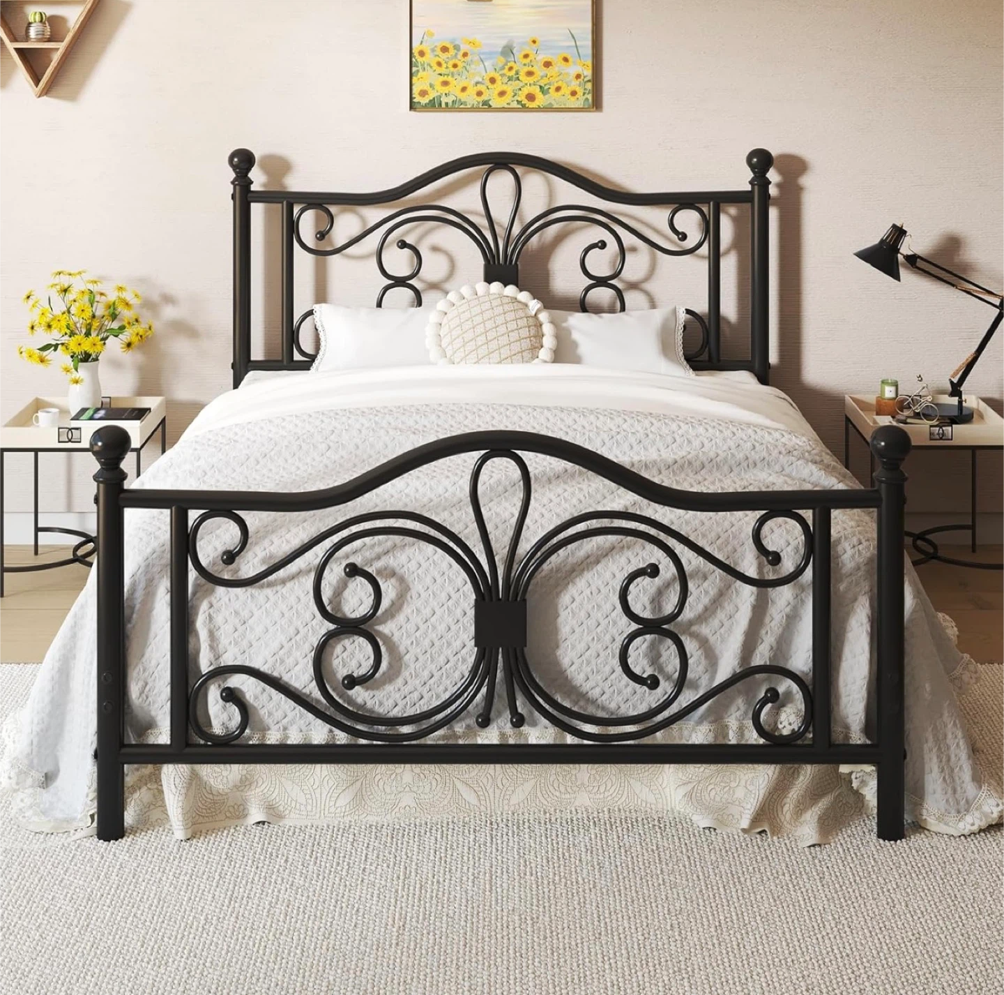 Black Metal Full Size Bed Frame with butterfly headboard design