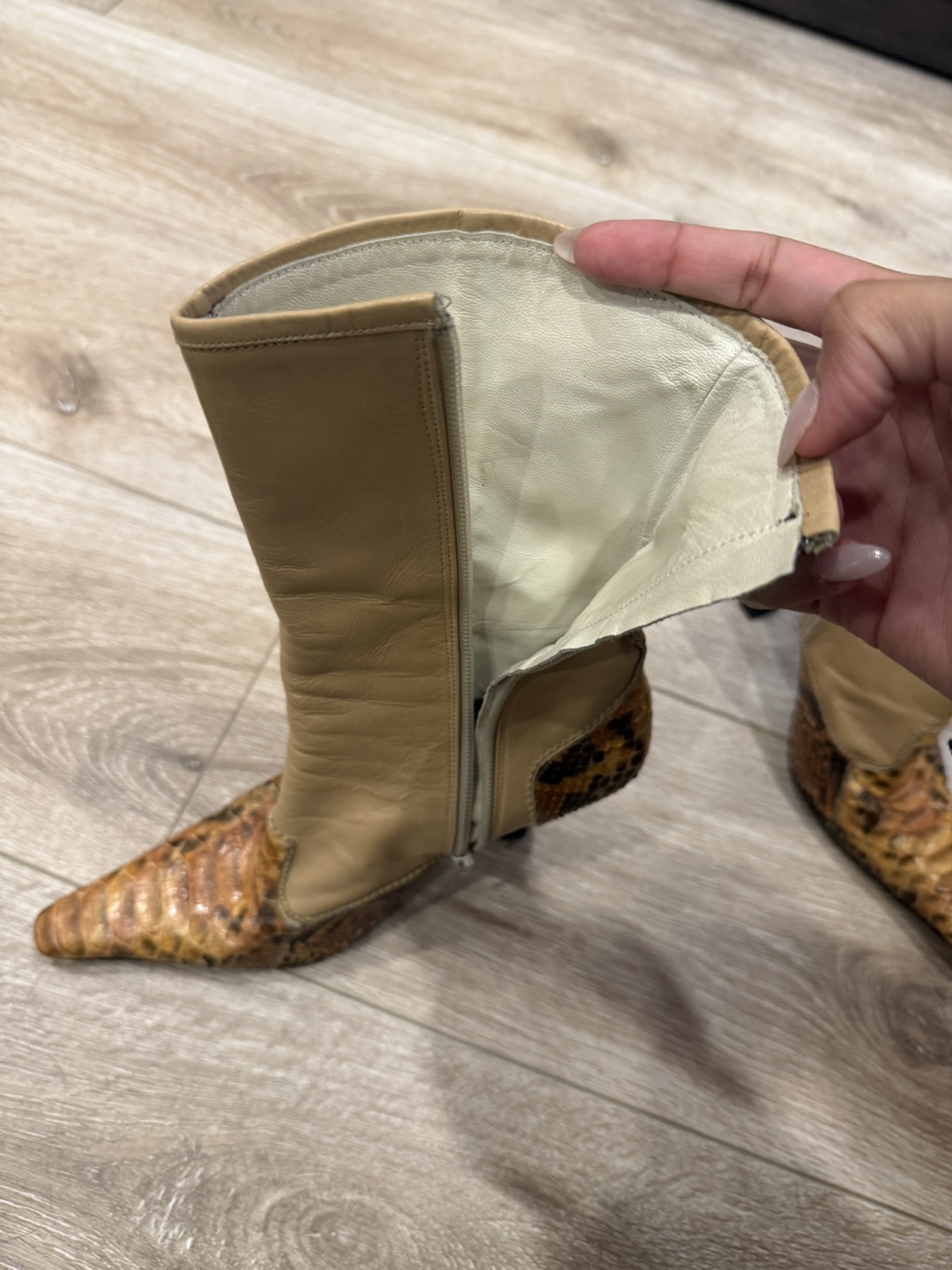 Tan Leather & Snake Print Ankle Boots - photo 3