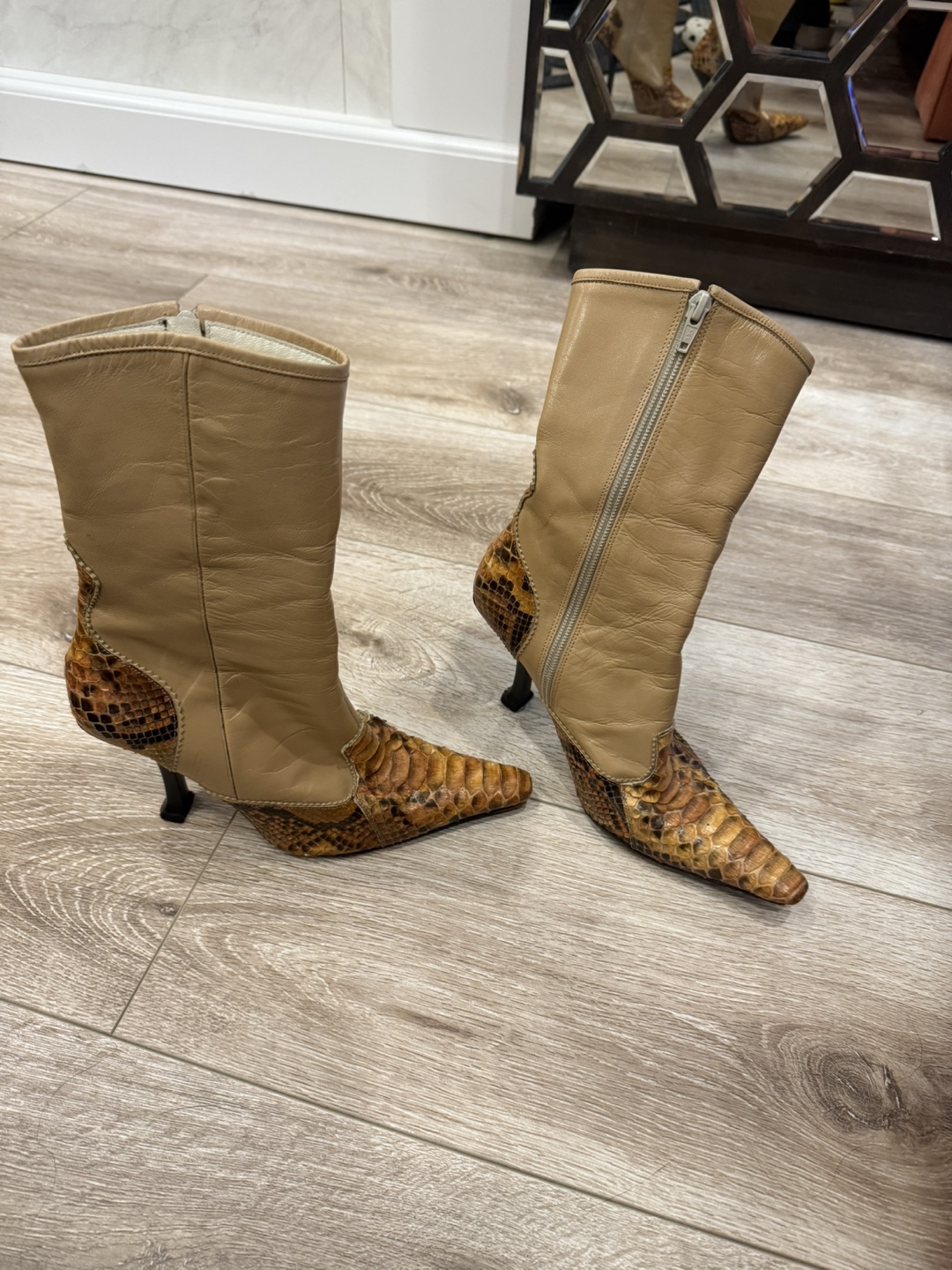 Tan Leather & Snake Print Ankle Boots - photo 4