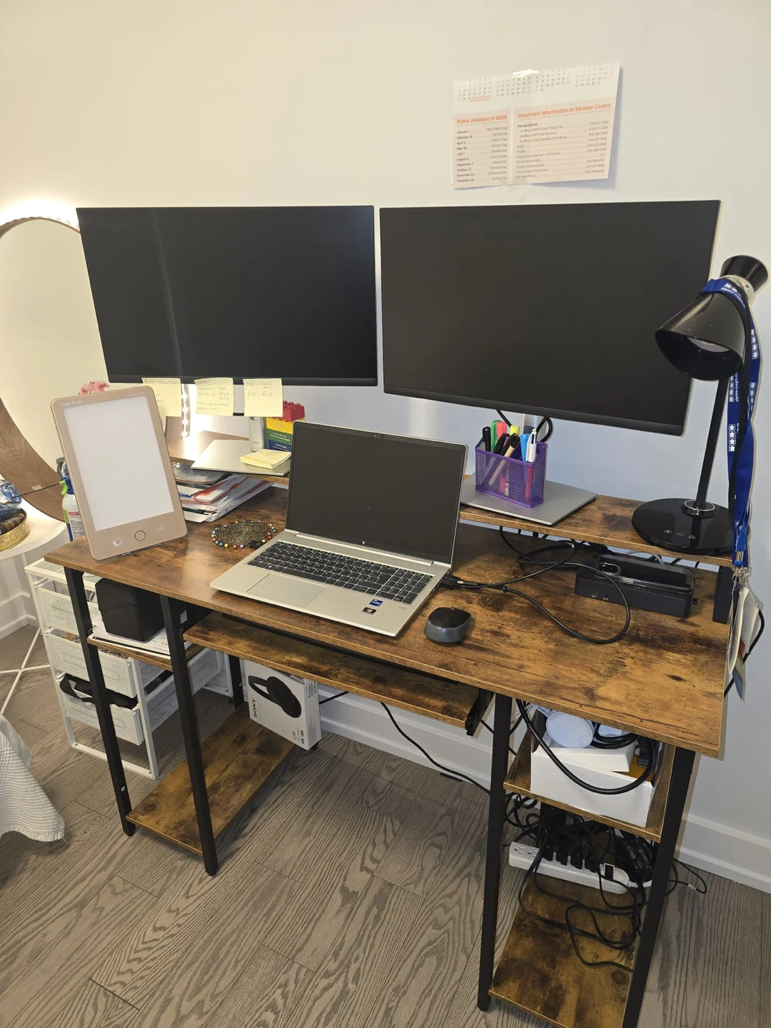 Wooden Desk with Two Monitor Shelves
