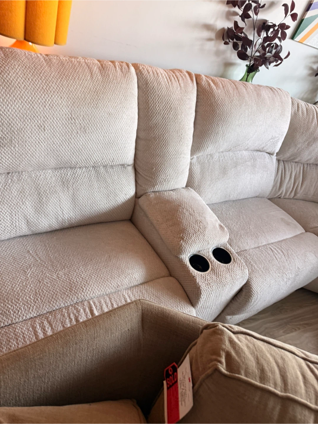 6 seater Light Beige Sectional Recliner Sofa with Cup Holders