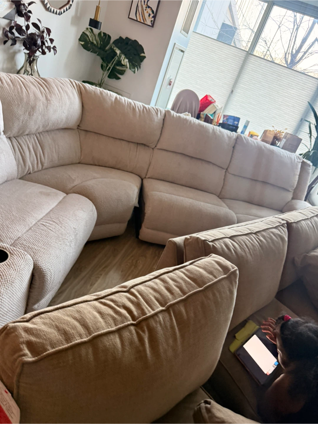 6 seater Light Beige Sectional Recliner Sofa with Cup Holders - photo 3