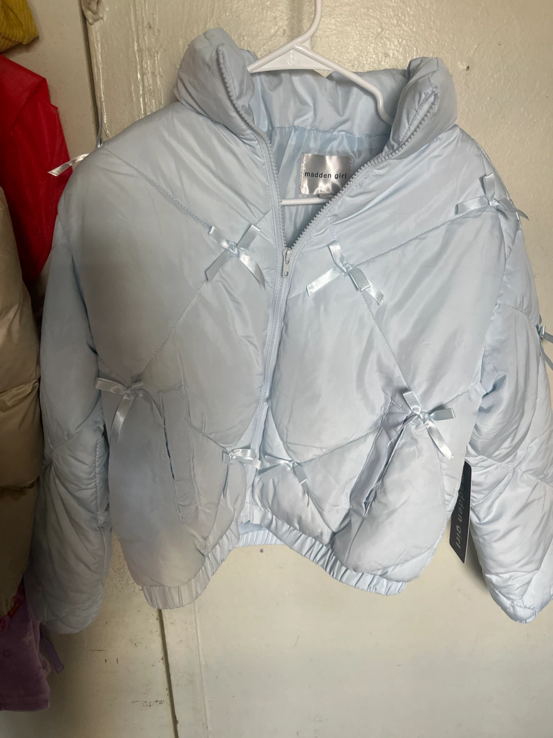 Madden Girl Light Blue Puffer Jacket with Bows