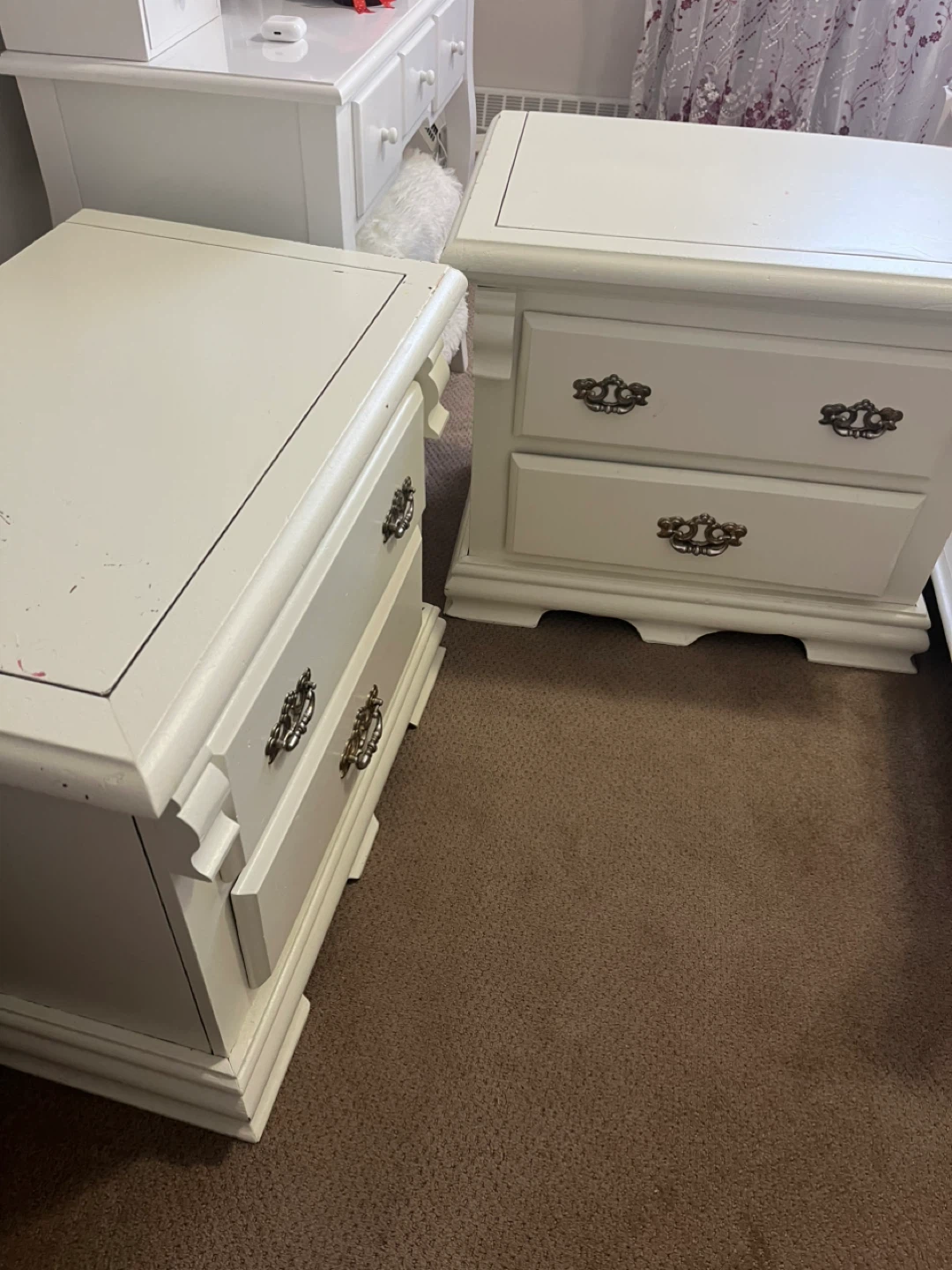2 White Wooden Nightstand with  2 Drawers