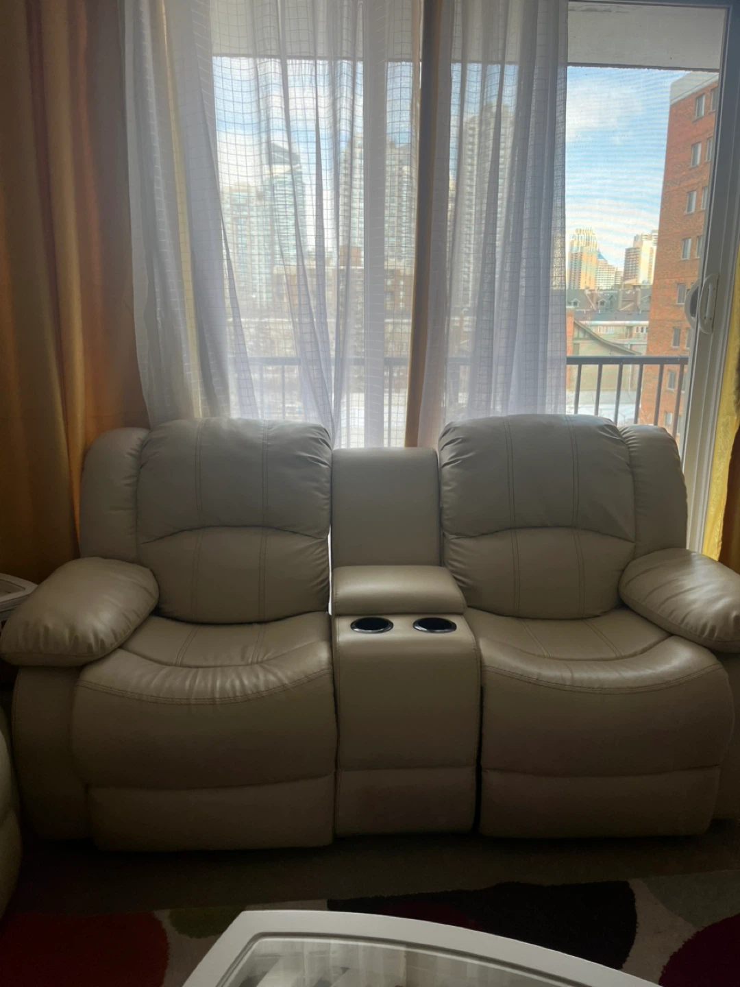 Cream Leather Loveseat Recliner with Console