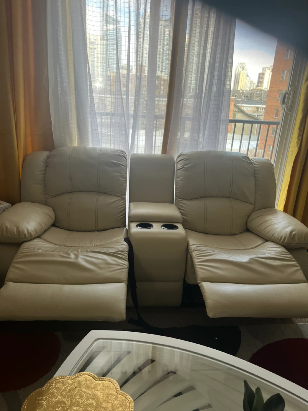 Cream Leather Loveseat Recliner with Console - photo 2