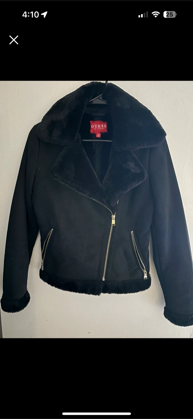 GUESS Black Faux Suede Biker Jacket with Faux Fur Trim