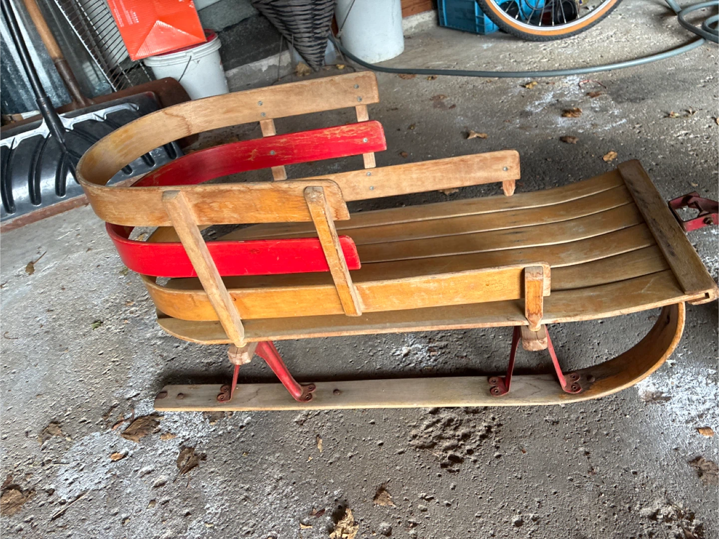 Vintage Wooden Toboggan Sled with Red Accents - photo 2