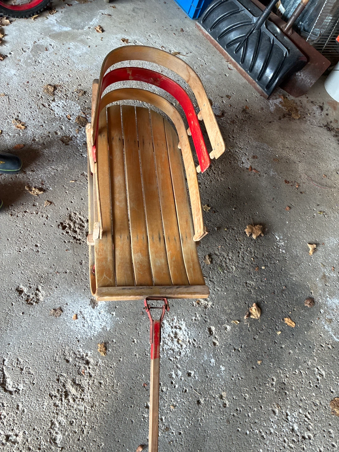 Vintage Wooden Toboggan Sled with Red Accents