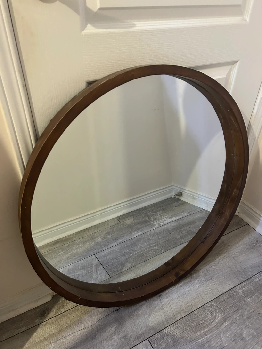 Round Wood Frame Mirror, Brown, 30-in