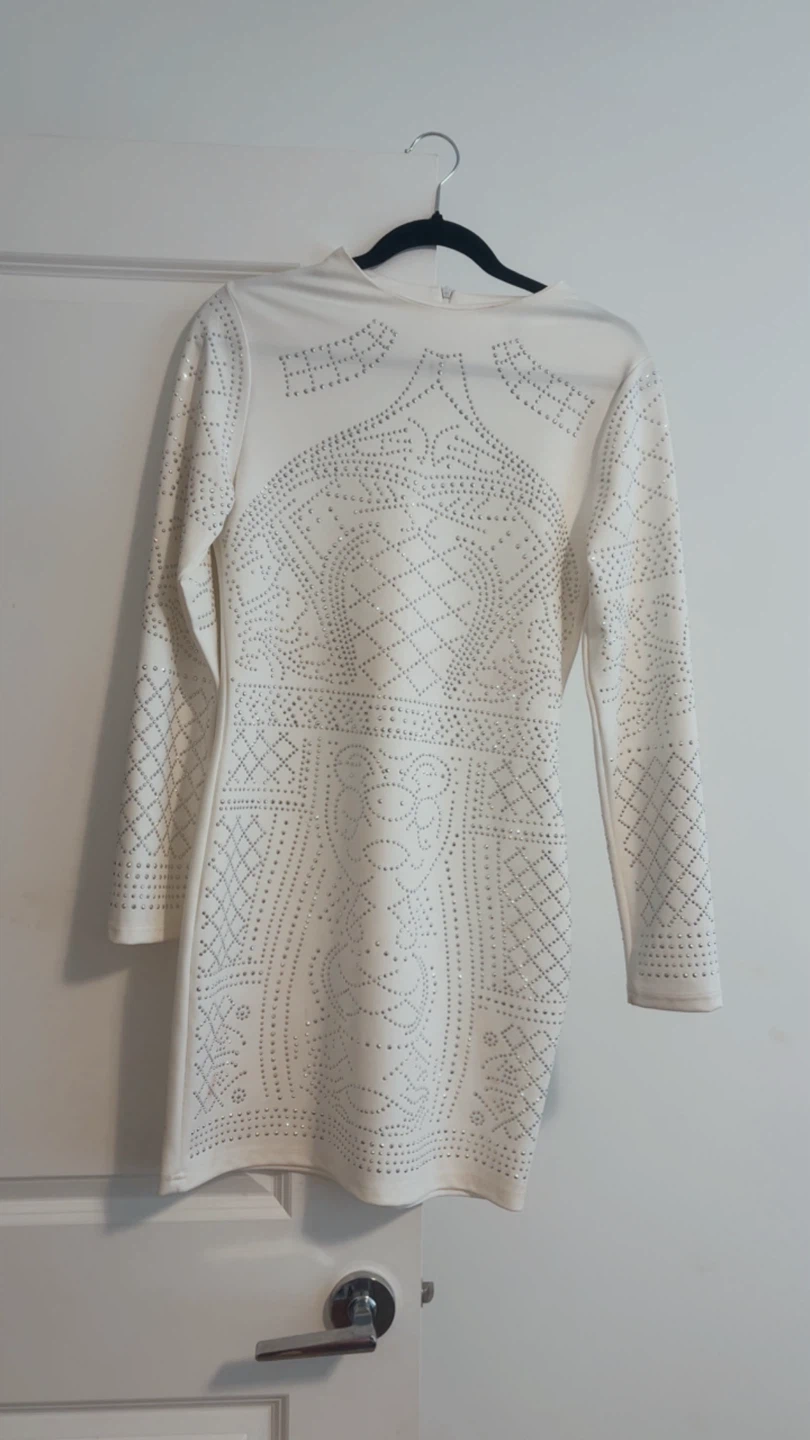White Embellished Long Sleeve Mini Dress