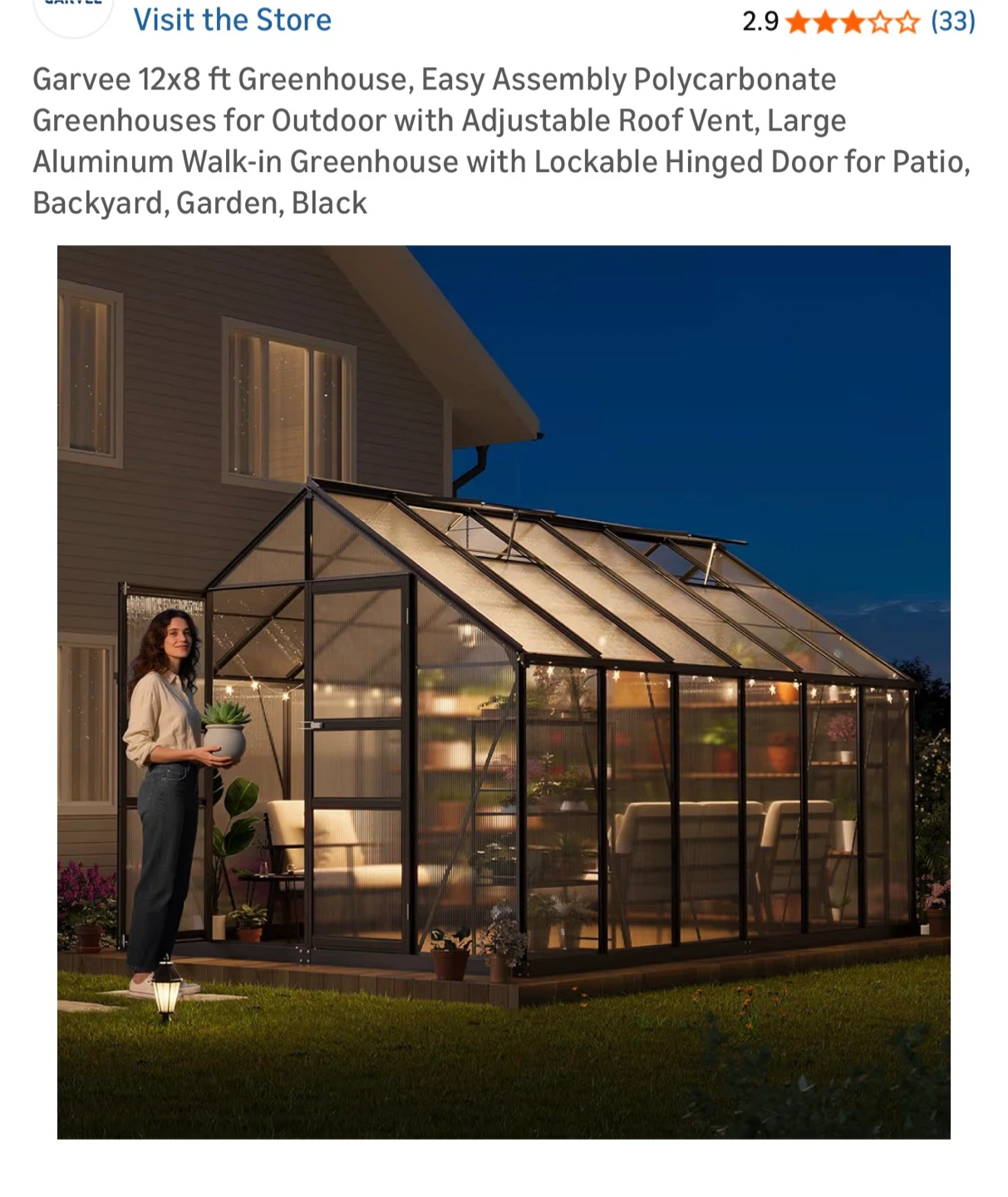 Garvee 12x8 ft Greenhouse - Polycarbonate, Aluminum, Black - photo 2