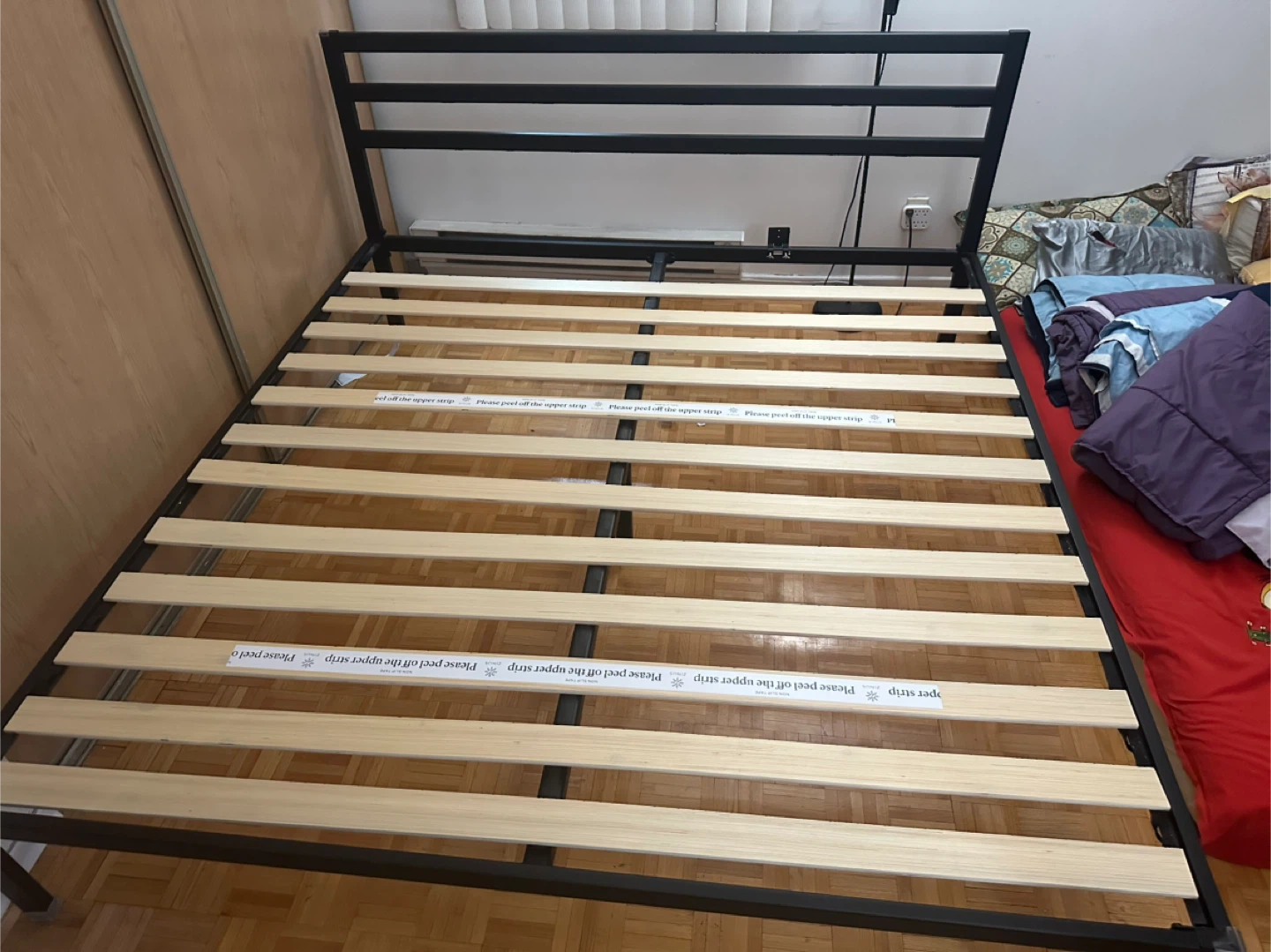 Black Metal King Bed Frame with Wooden Slats