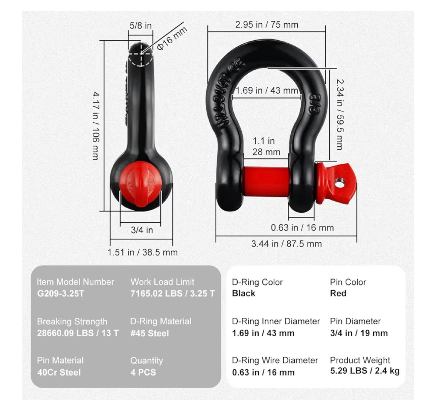 Vevor 4 pcs D-Ring Shackle
