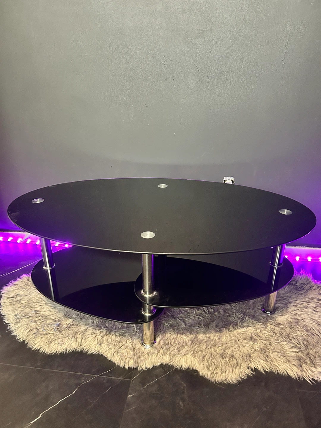 Oval 2-Tier Black Glass Coffee Table with Chrome Legs