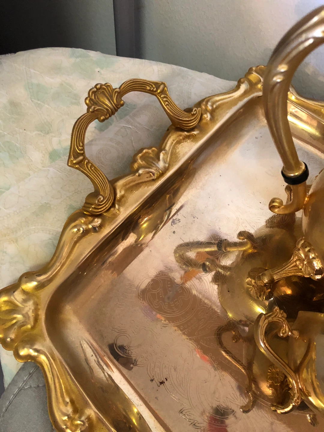🥕Vintage Gold Tone Tea Set Tray with 2 Teapots - photo 5