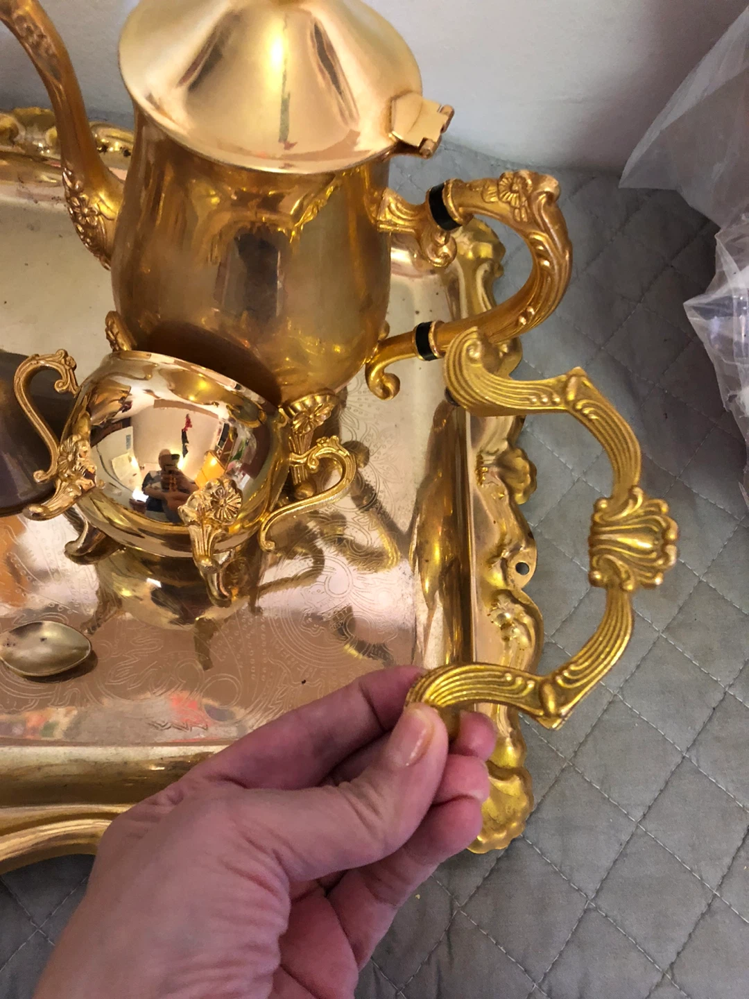 🥕Vintage Gold Tone Tea Set Tray with 2 Teapots - photo 4