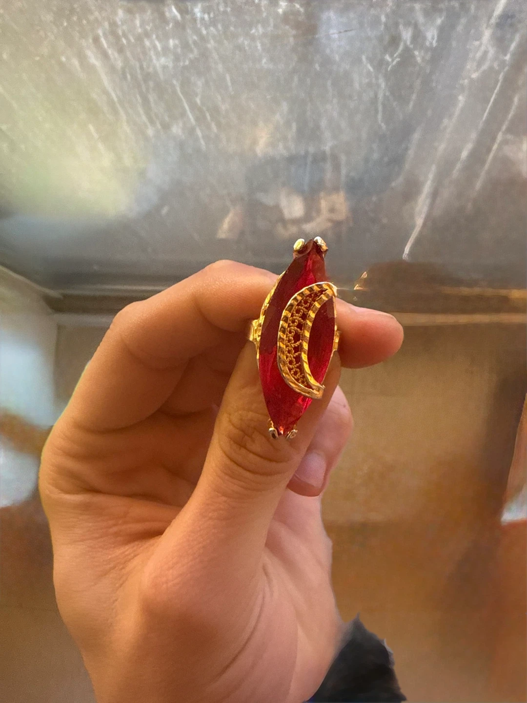 Gold Tone Red Gemstone Statement Ring