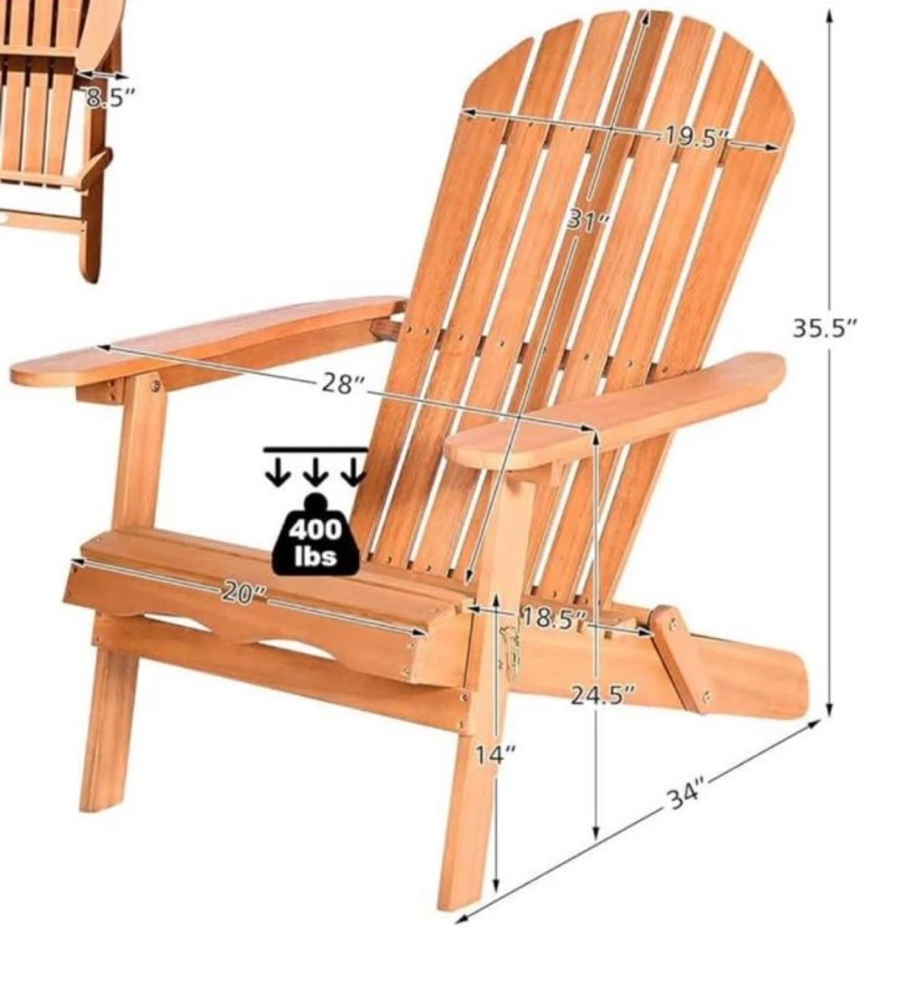 Wooden Adirondack Chair - Outdoor Patio Lawn Garden Deck